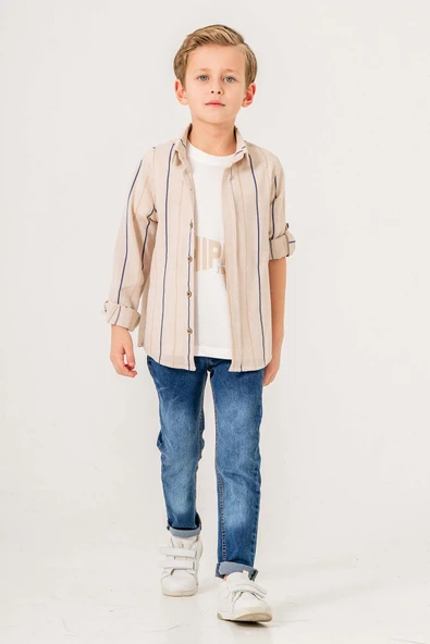 Çizgili Desenli Uzun Kol 3 Parça Erkek Çocuk Gömlekli Takım - 8