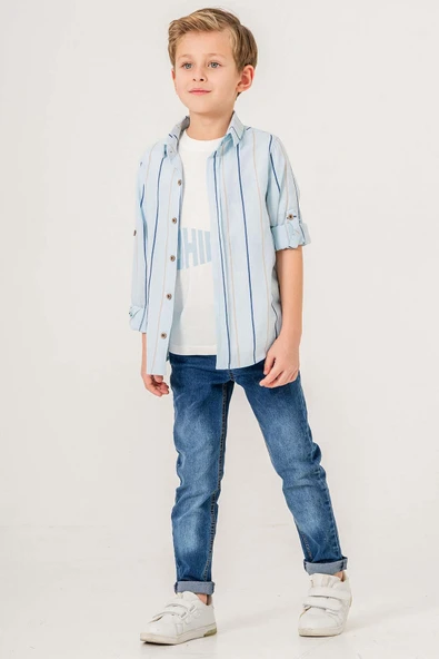 Çizgili Desenli Uzun Kol 3 Parça Erkek Çocuk Gömlekli Takım - 2