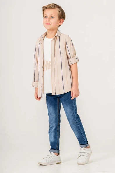 Çizgili Desenli Uzun Kol 3 Parça Erkek Çocuk Gömlekli Takım - 9