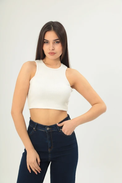 Fitilli Görünümlü Askılı Kalın Esnek Örme basıc crop - Resim 2