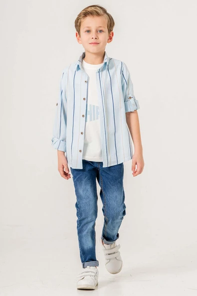 Çizgili Desenli Uzun Kol 3 Parça Erkek Çocuk Gömlekli Takım