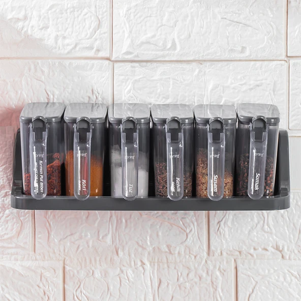 Porsima 8li-6lı Etiketli Kendinden Yapışkanlı Tezgah Üstü Kaşıklı Standlı Döner Kapaklı Baharatlık Seti - 3