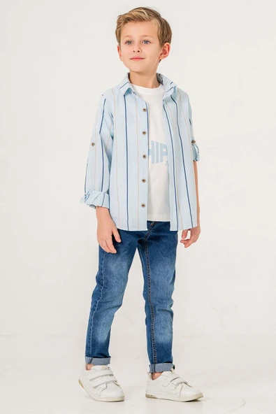 Çizgili Desenli Uzun Kol 3 Parça Erkek Çocuk Gömlekli Takım - 4