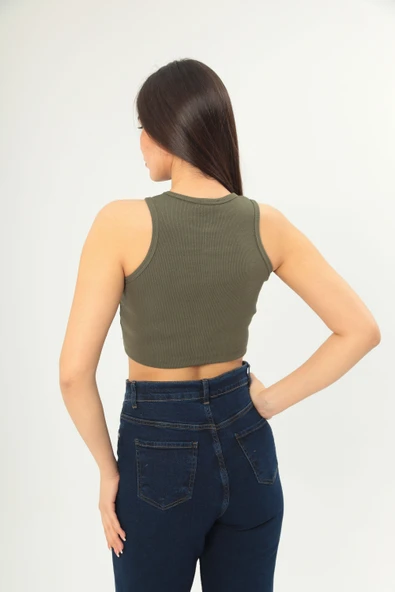 Fitilli Görünümlü Askılı Kalın Esnek Örme basıc crop - Resim 3