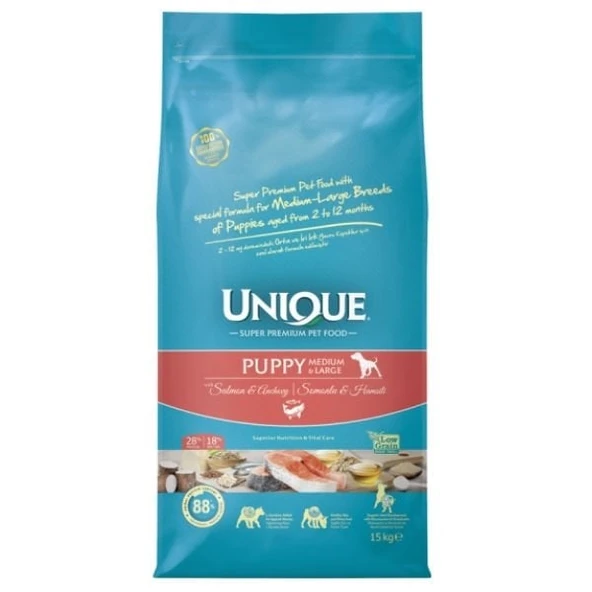 Unique Somonlu ve Hamsili Orta ve Büyük Irk Düşük Tahıllı Yavru Köpek Maması 15 Kg