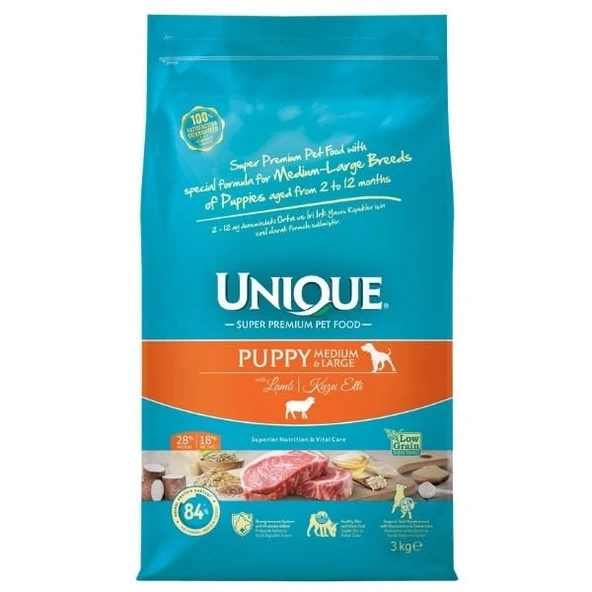 Unique Kuzu Etli Orta ve Büyük Irk Düşük Tahıllı Yavru Köpek Maması 15 Kg