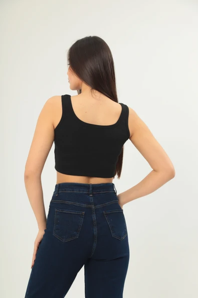 Fitilli Görünümlü Askılı Kalın Esnek Örme basıc crop - Resim 3