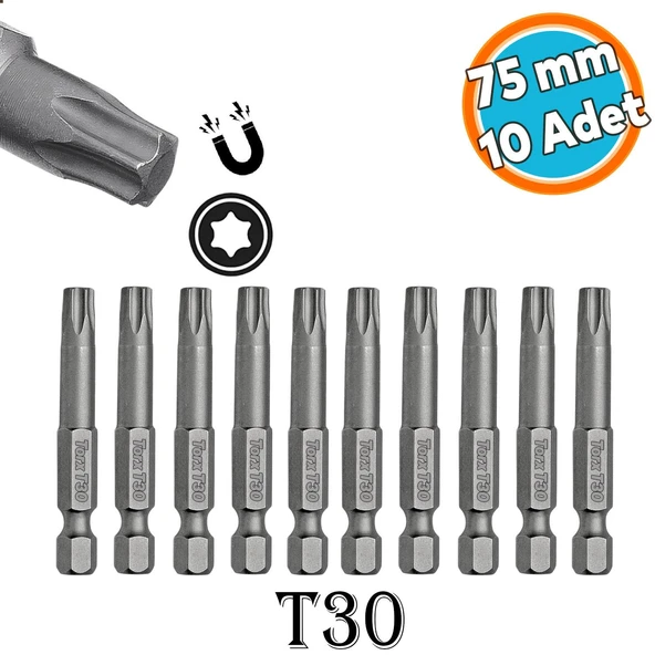 Bits Uç Mıknatıslı Torx T30 75 mm 10'lu Set Kutulu Manyetik 1/4" Matkap Ucu Tork 7.5 cm Uzunluk