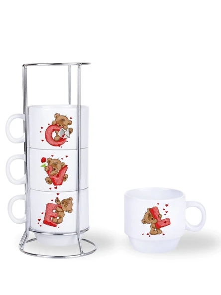 DeepCraft Stantlı 4'lü Fincan Seti Çıkmaz Baskılı Love Desenli - 2