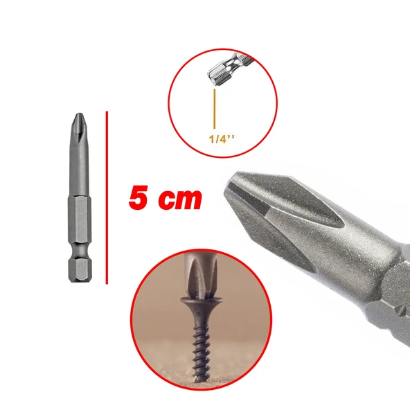 Mıknatıslı Yıldız PH2 Bits Uç 50 mm 10'lu Set Kutulu Manyetik 1/4" Matkap Ucu Vidalama 5 cm Uzunluk - 2