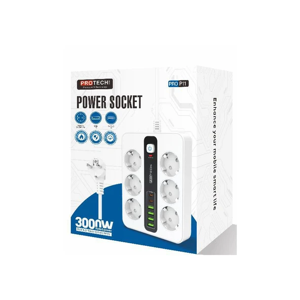 3000W Akım Korumalı 4 USB'li ve 2 TYPE-C li 6'lı Grup Priz 2 m Uzatma Kablosu Beyaz - 2