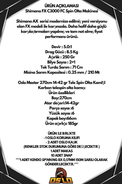 Oslo Master Telespin 270cm 14-42gr Shimano FX 4000 8 Örgü Spin Olta Seti - Resim 2