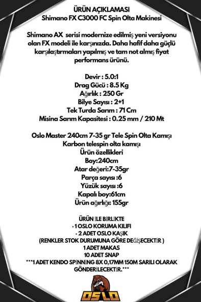 Shimano FX C3000 Oslo Master Telespin 240cm 7-35gr 8 Örgü Spin Olta Seti - Resim 2