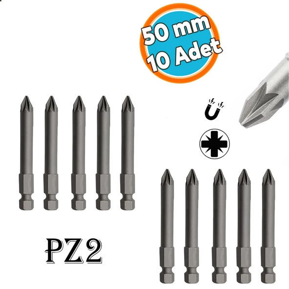 Mıknatıslı Pozidriv Bits Uç PZ2 50 mm 10'lu Set Kutulu Manyetik 1/4" Matkap Ucu Vidalama 5cm Uzunluk