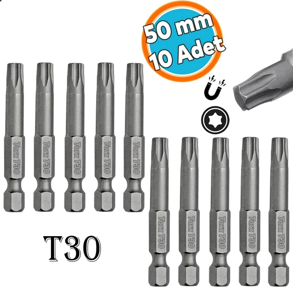 Mıknatıslı Torx T30 Bits Uç 50 mm 10'lu Set Kutulu Manyetik 1/4" Matkap Ucu Vidalama 5 cm Uzunluk