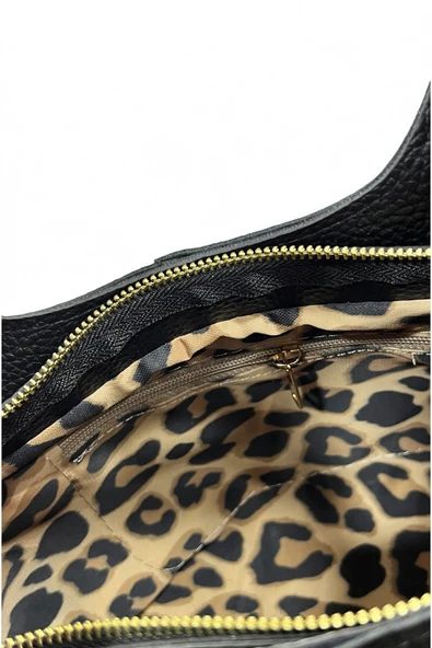 Mevo Hakiki Süet Deri Metal Tutma Saplı Siyah Renkli Kadın El ve Omuz Çantası - Resim 3