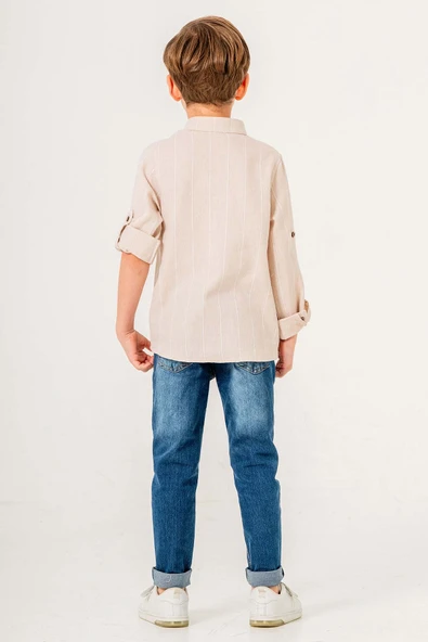 Uzun Kol Yarım Düğmeli 2 Parça Erkek Çocuk Gömlekli Takım - Resim 4