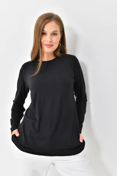 Siyah Bluz Uzun Kollu Tişört Kadın Bluz Siyah Uzun Bluz Uzun Kollu Body Bluz - 2