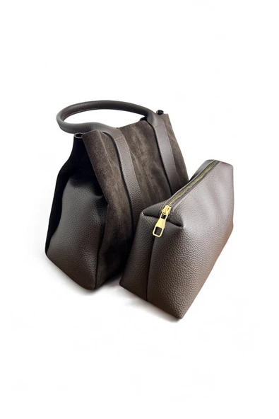 Mevo Kadın Koyu Kahverengi Renkli Hakiki Süet Deri El ve Omuz Çantası - Resim 4