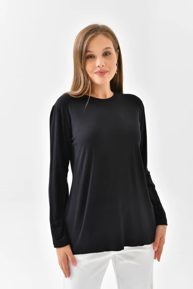 Siyah Bluz Uzun Kollu Tişört Kadın Bluz Siyah Uzun Bluz Uzun Kollu Body Bluz - 4