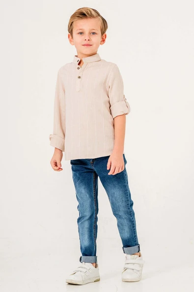 Uzun Kol Yarım Düğmeli 2 Parça Erkek Çocuk Gömlekli Takım - Resim 3