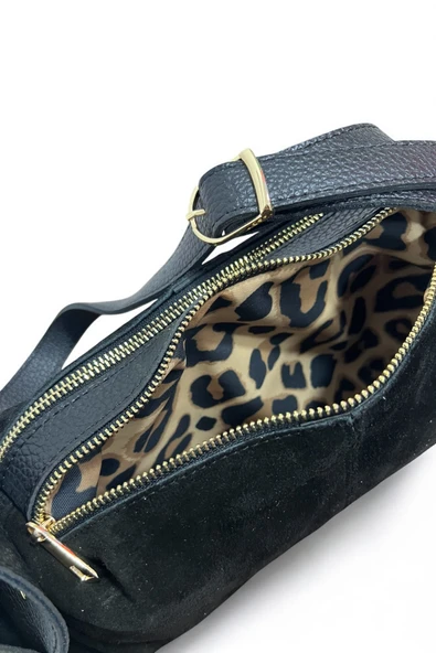 Mevo Kadın Siyah Renkli Gerçek Süet Deri Yan Cep Detaylı Fermuarlı Omuz Çantası - Resim 4