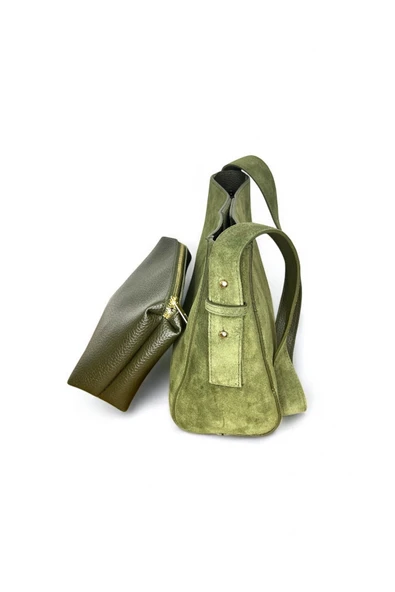 Mevo Kadın Hakiki Süet Deri Haki Renkli El ve Omuz Çantası - Resim 2