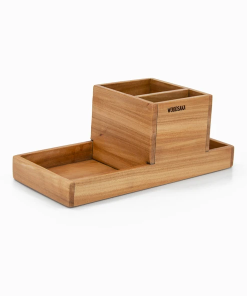 Woodsaka ProKit Çok Amaçlı Organizer - Kalemlik Not Kağıdı Kutusu Ataçlık Bir Arada - Model 2 - Kiraz Ağacından - 3