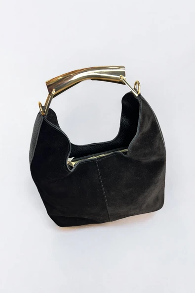 Mevo Hakiki Süet Deri Metal Tutma Saplı Siyah Renkli Kadın El ve Omuz Çantası - Resim 2