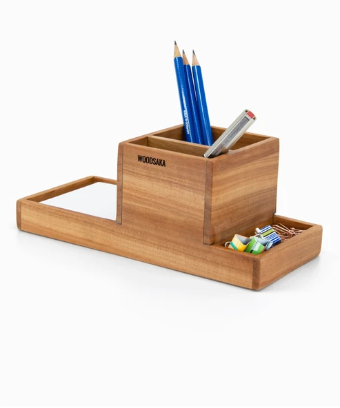 Woodsaka ProKit Çok Amaçlı Organizer - Kalemlik Not Kağıdı Kutusu Ataçlık Bir Arada - Model 2 - Kiraz Ağacından ürün görseli