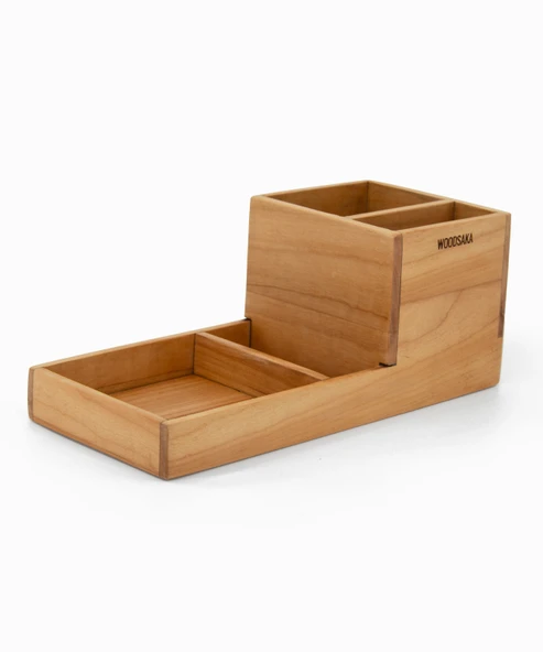 Woodsaka ProKit Çok Amaçlı Organizer - Kalemlik Not Kağıdı Kutusu Ataçlık Bir Arada - Model 3 - Kiraz Ağacından - 3