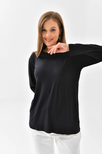 Siyah Bluz Uzun Kollu Tişört Kadın Bluz Siyah Uzun Bluz Uzun Kollu Body Bluz - 8
