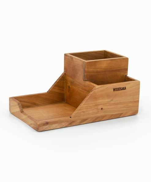 Woodsaka ProKit Çok Amaçlı Organizer - Bölümlü Kalemlik ve Not Kağıdı Kutusu Bir Arada - Model 5 - Kiraz Ağacından - 3