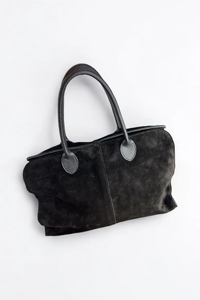 Mevo Büyük Boy Hakiki Süet Deri Siyah Renkli Kadın El ve Omuz Çantası - Resim 3