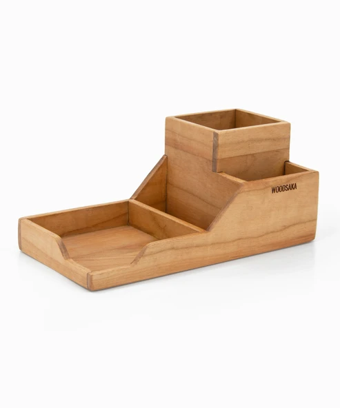 Woodsaka ProKit Çok Amaçlı Organizer - Bölümlü Kalemlik Not Kağıdı Kutusu Ataçlık Bir Arada - Model 6 - Kiraz Ağacından - 3
