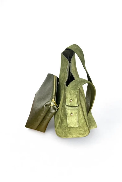 Mevo Kadın Hakiki Süet Deri Haki Renkli El ve Omuz Çantası - Resim 4