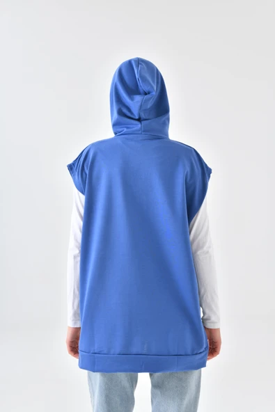 İndigo Mavi Süveter Sweat Sweatshirt Düğmeli Kapüşonlu - 8