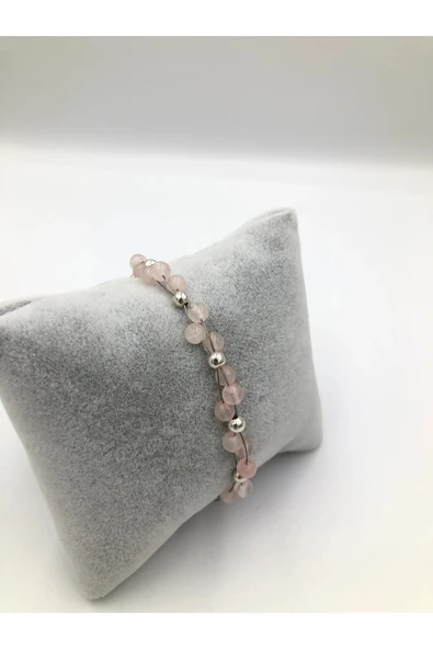 Tasarım Metal Pembe Kuvars Doğaltaş Bileklik - 4
