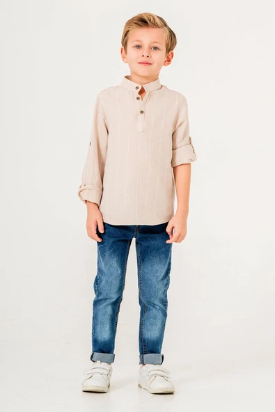 Uzun Kol Yarım Düğmeli 2 Parça Erkek Çocuk Gömlekli Takım - Resim 2