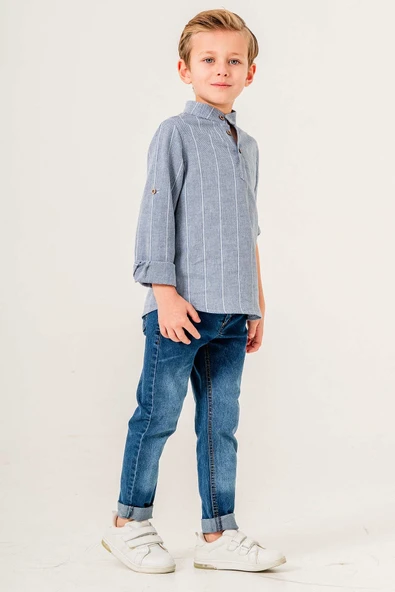 Uzun Kol Yarım Düğmeli 2 Parça Erkek Çocuk Gömlekli Takım - Resim 10