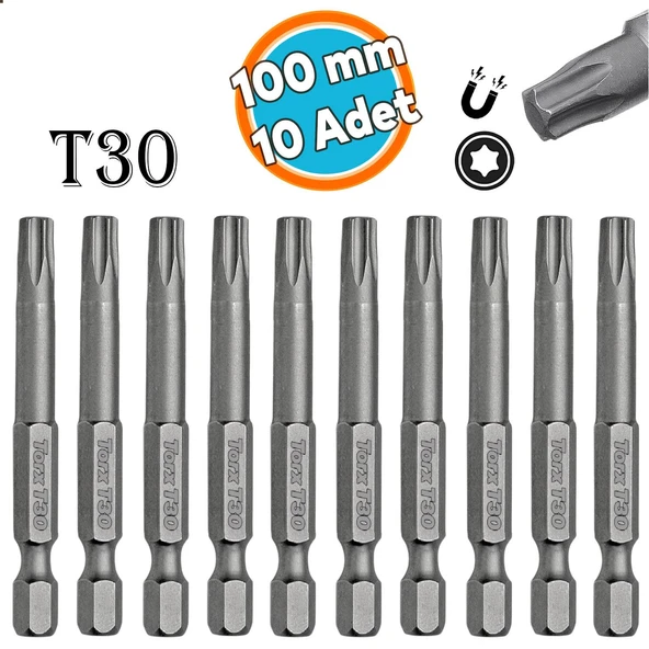 Bits Uç Mıknatıslı Torx T30 100 mm 10'lu Set Kutulu Manyetik 1/4" Matkap Ucu Tork 10 cm Uzunluk