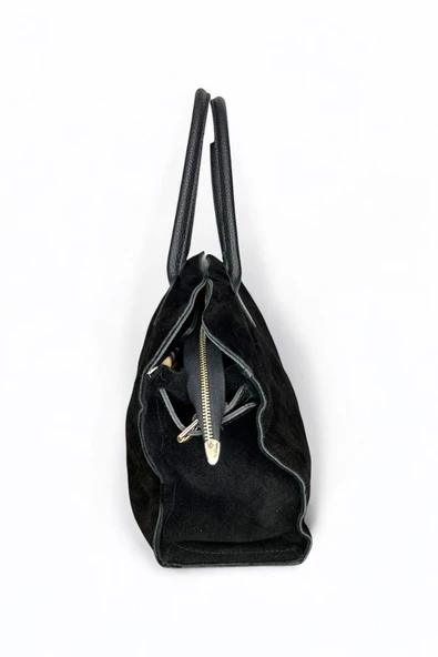 Mevo Büyük Boy Hakiki Süet Deri Siyah Renkli Kadın El ve Omuz Çantası - Resim 2