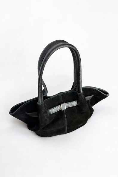 Mevo Hakiki Süet Deri Siyah Renkli Süet Saten Astarlı El ve Omuz Çantası - Resim 3