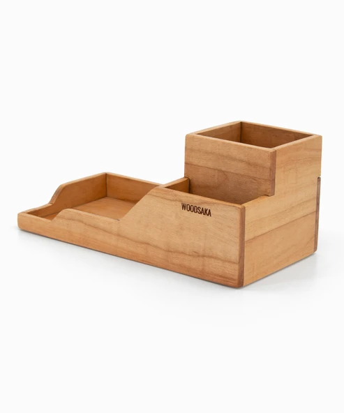 Woodsaka ProKit Çok Amaçlı Organizer - Bölümlü Kalemlik Not Kağıdı Kutusu Ataçlık Bir Arada - Model 6 - Kiraz Ağacından - 4