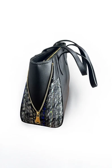 Mevo Orta Boy Deri Siyah Renkli Feermuar Desenli Kadın El ve Omuz Çantası - Resim 3