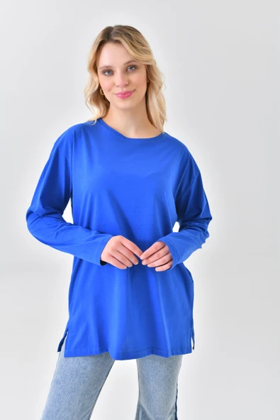 Saks Mavi Pamuk Penye Tunik Uzun Kollu Bluz Tişört Üst - 8