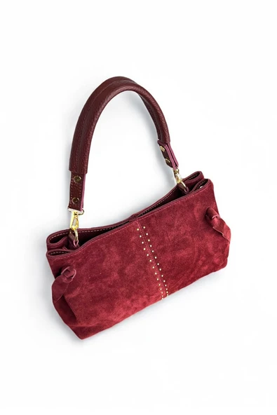 Mevo Kadın Hakiki Süet Deri Bordo Renkli El ve Omuz Çantası - Resim 3