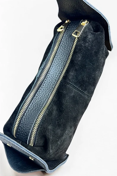 Mevo Kadın Siyah Renkli Gerçek Süet Deri Yan Cep Detaylı Fermuarlı Omuz Çantası - Resim 3