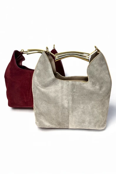 Mevo Hakiki Süet Deri Metal Tutma Saplı Siyah Renkli Kadın El ve Omuz Çantası - Resim 5