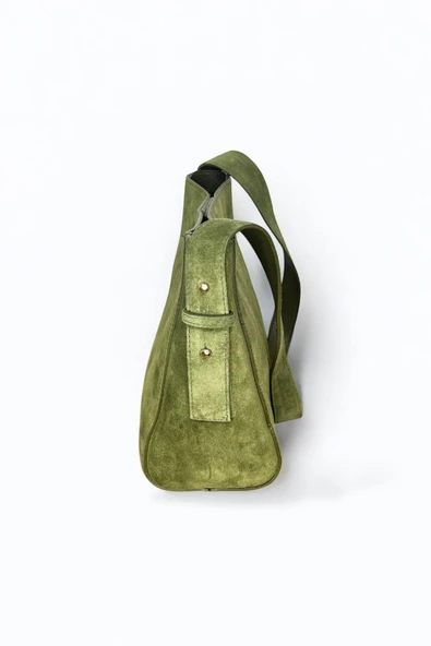 Mevo Kadın Hakiki Süet Deri Haki Renkli El ve Omuz Çantası - Resim 3